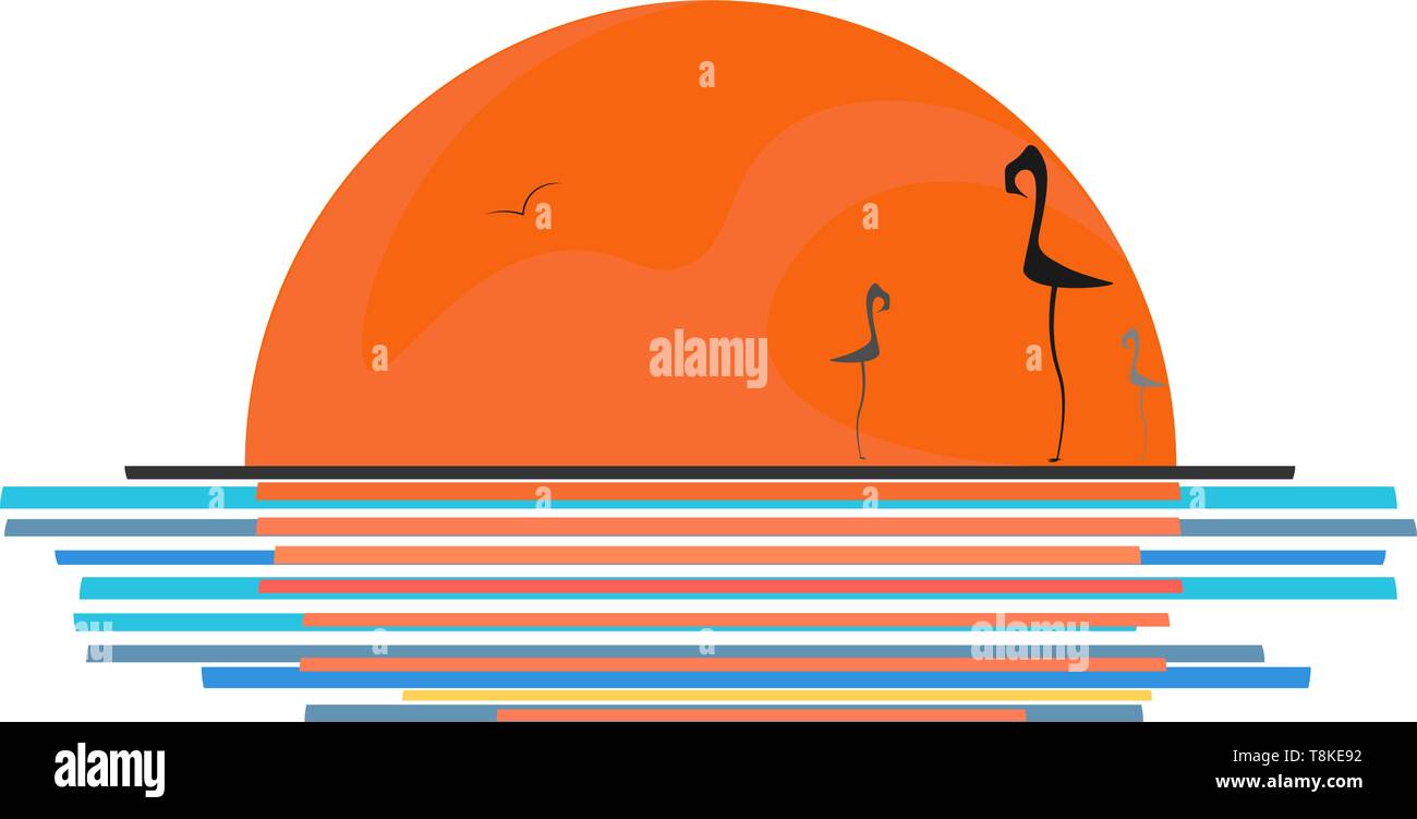 Eine Landschaft wie ein Vogel fliegen und die Drei flamingo Vögel entlang der Küste genießen den Sonnenuntergang sieht wunderschön aus, Vector, Farbe, Zeichnung oder Abbildung. Stock Vektor