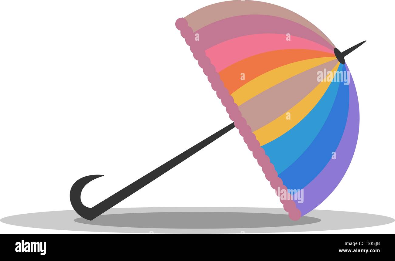 Clipart eines ansprechenden gefalteter Regenschirm mit den bunten Regenbogen Haube oder Kappe und einem braunen Haken Griff liegt im Vordergrund, Vektor geneigt, Farbe d Stock Vektor