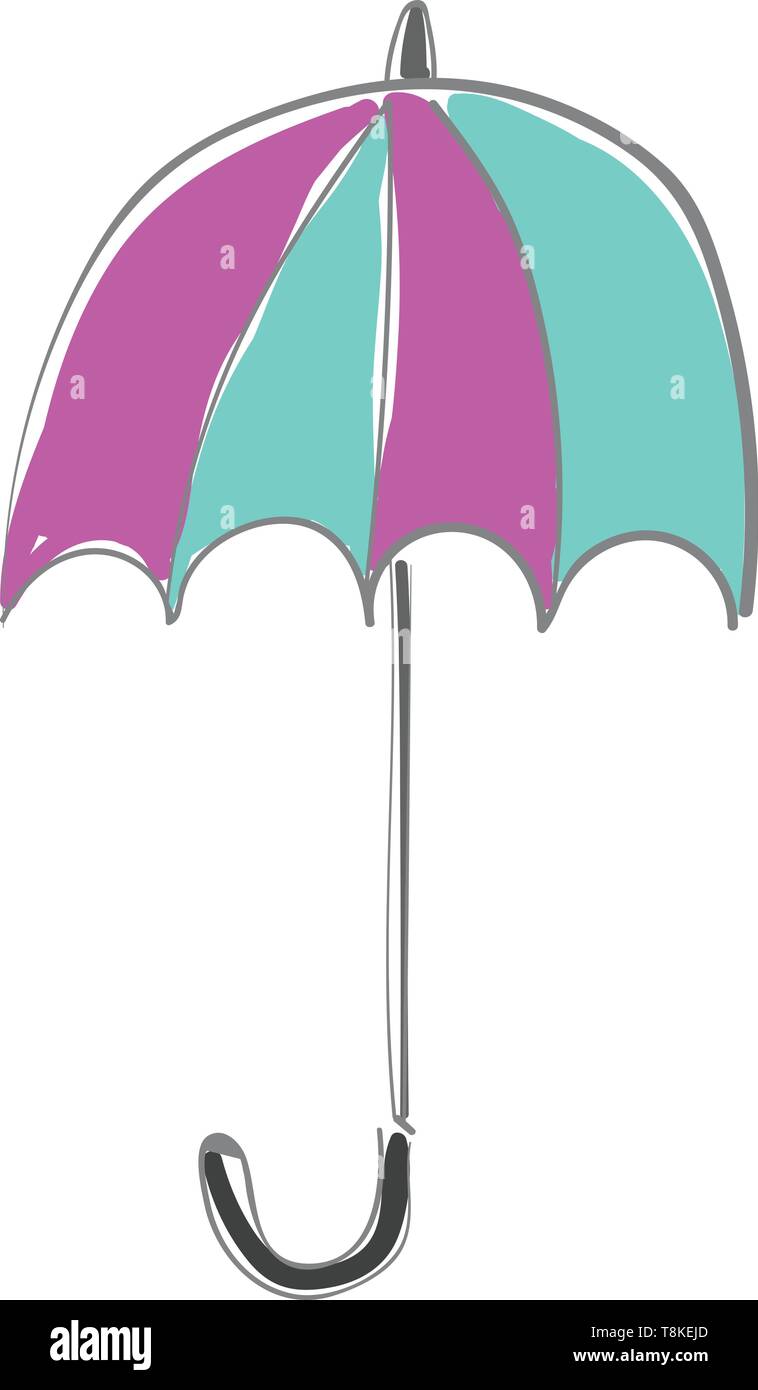 Clipart eines ansprechenden gefalteter Regenschirm mit lila und blau gefärbte Haube oder Kappe und einem schwarzen Haken griff aufrecht steht im Vordergrund, Vector, c Stock Vektor