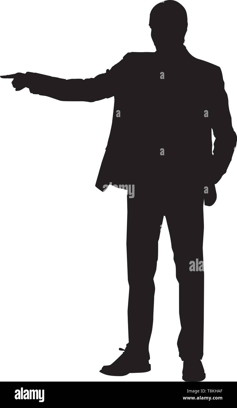 Silhouette eines Mannes zeigt mit dem Finger, Illustration, Vektor auf weißem Hintergrund. Stock Vektor