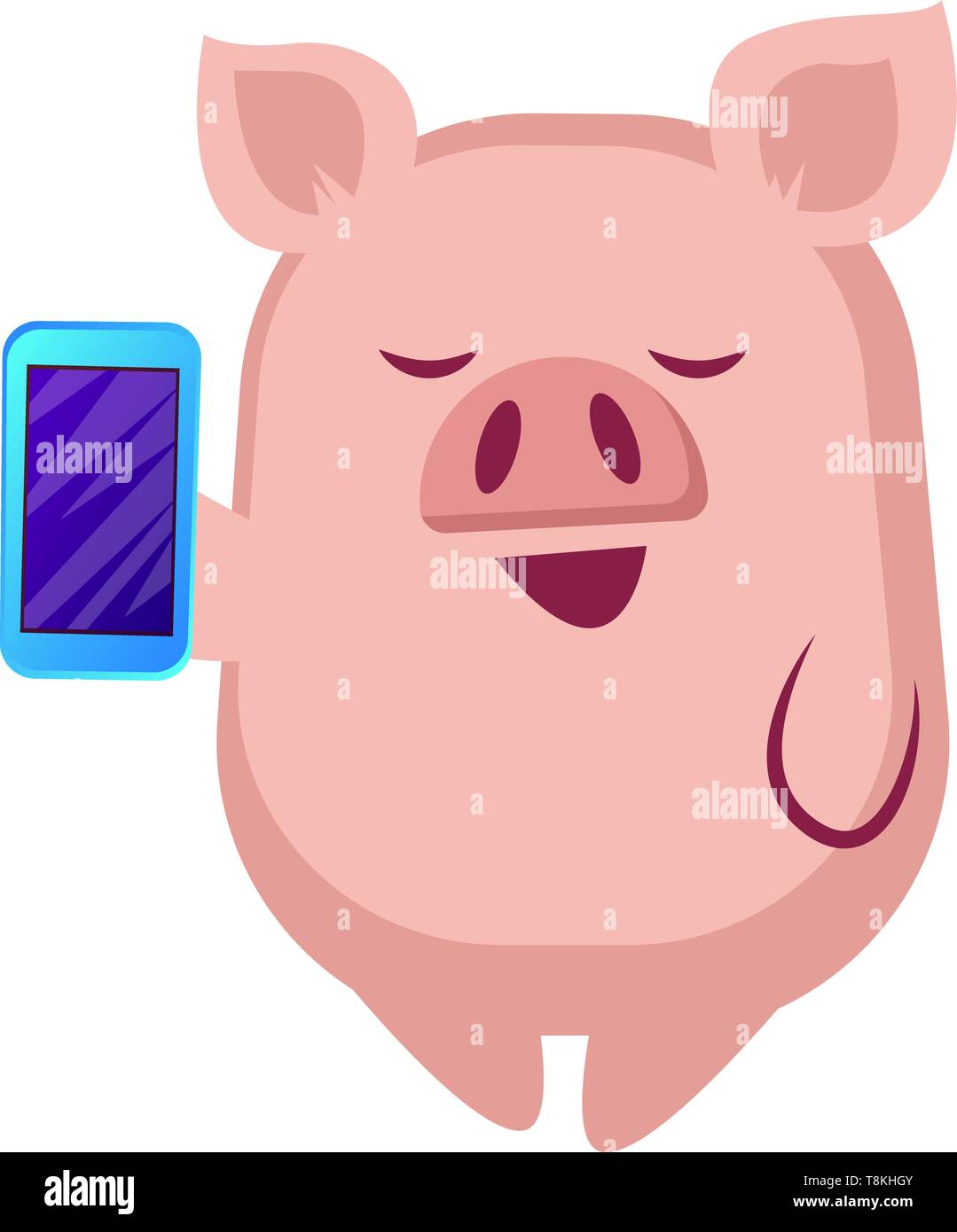Piggy ist mit Handy, Illustration, Vektor auf weißem Hintergrund. Stock Vektor