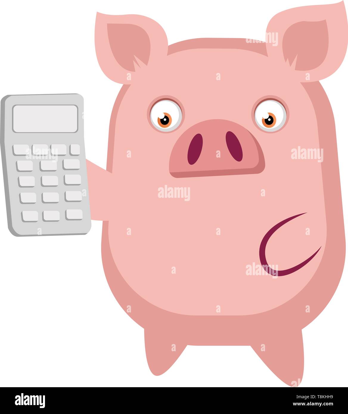 Piggy hält einen Taschenrechner, Illustration, Vektor auf weißem Hintergrund. Stock Vektor