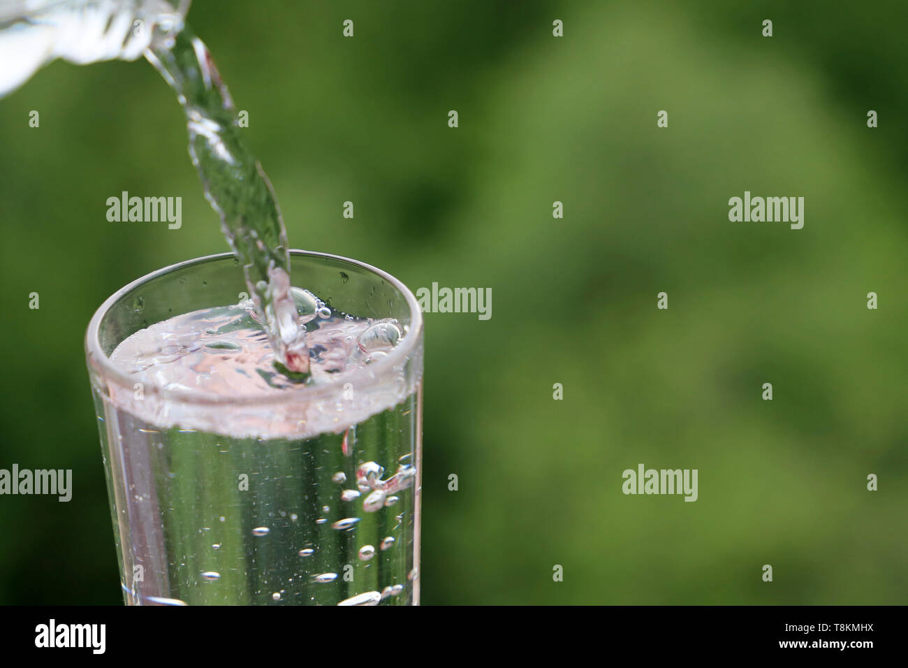 Sauberes Wasser gießt aus einer Flasche in Glas auf grüne Natur Hintergrund. Konzept der Gesundheit und Frische, Durst, Wasserreinigung, Ökologie Stockfoto