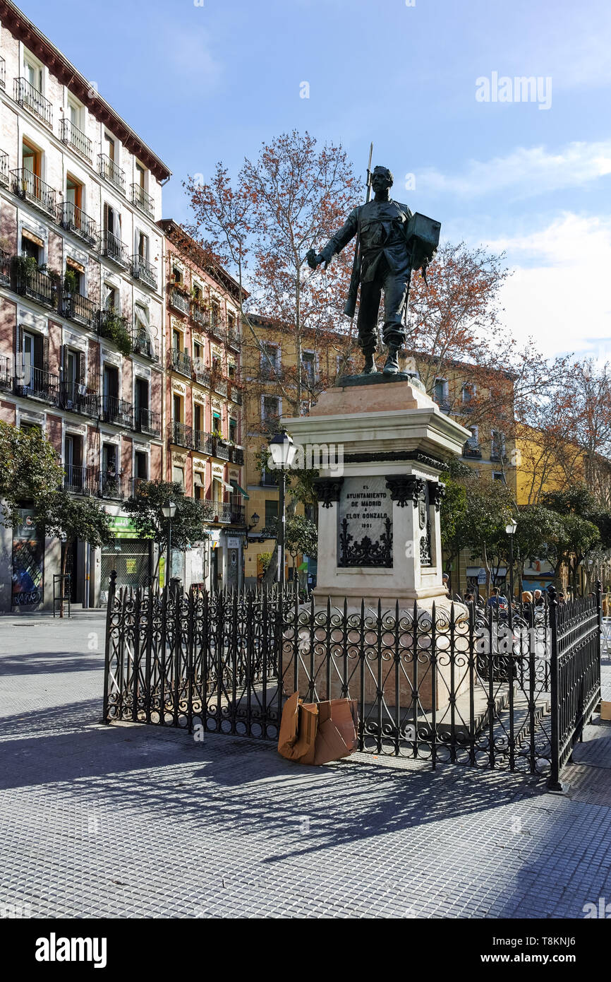 MADRID, Spanien - 23. JANUAR 2018: Tolle Aussicht auf Denkmal für Eloy Gonzalo der Held von cascorro in Madrid, Spanien Stockfoto