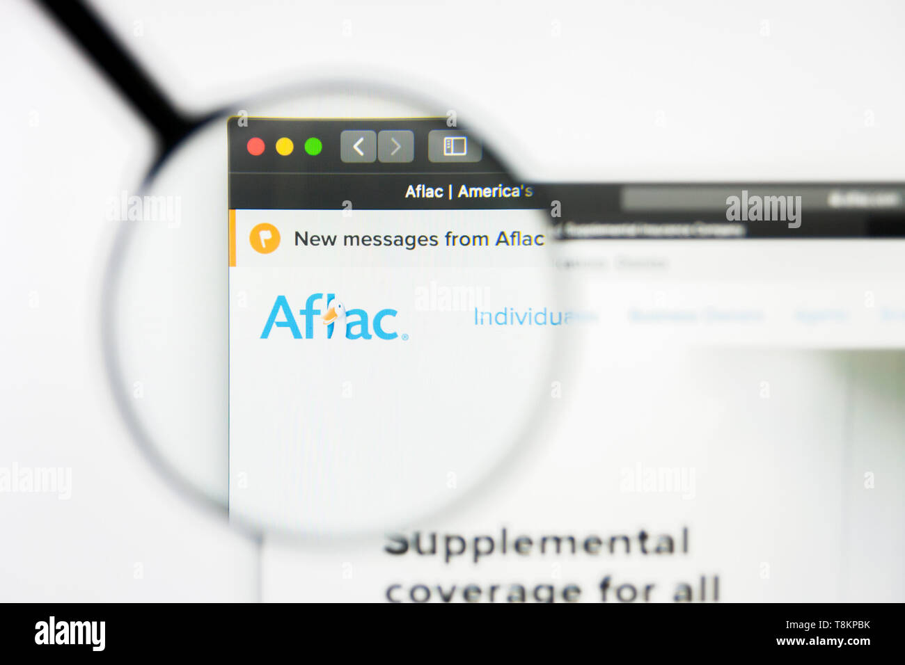 Richmond, Virginia, USA - 8. Mai 2019: Illustrative Editorial von AFLAC Incorporated Website Homepage. Aflac Incorporated Logo auf dem Bildschirm sichtbar. Stockfoto