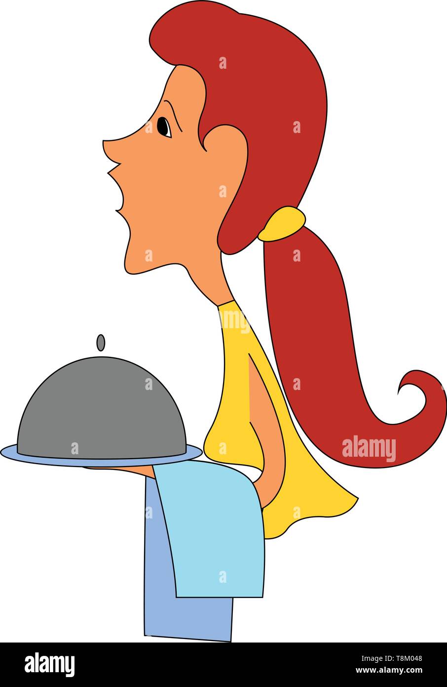 Ein Mädchen in einem gelben Kleid tragen einen Teller mit Essen serviert werden, Vector, Farbe, Zeichnung oder Abbildung. Stock Vektor