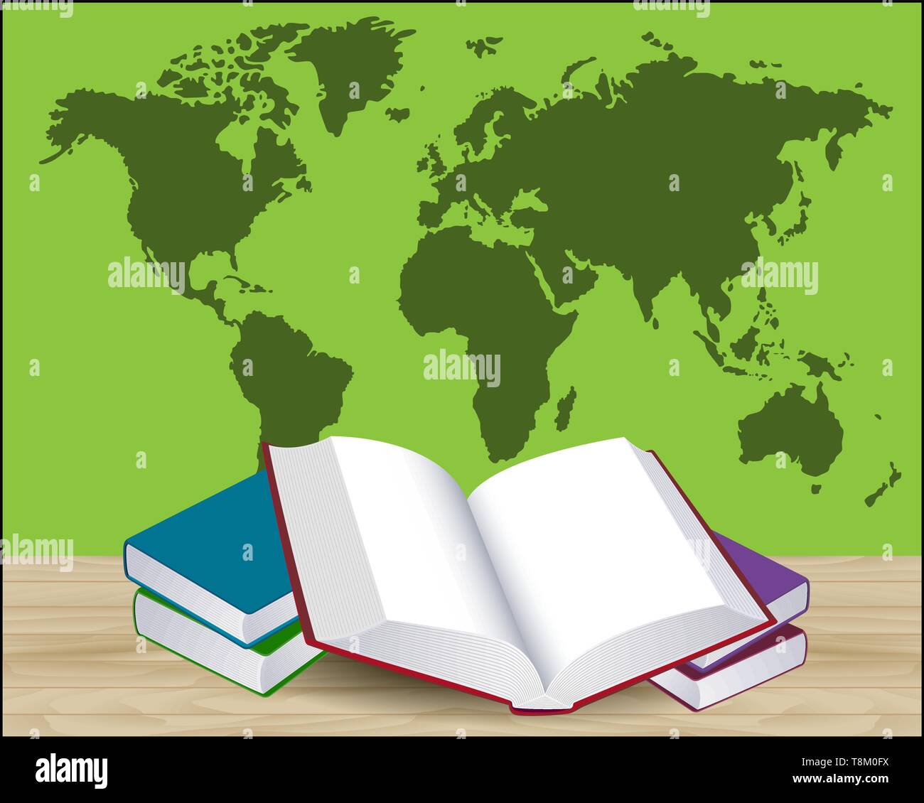 Buch Abbildung mit grüne Welt Karte öffnen Stock Vektor