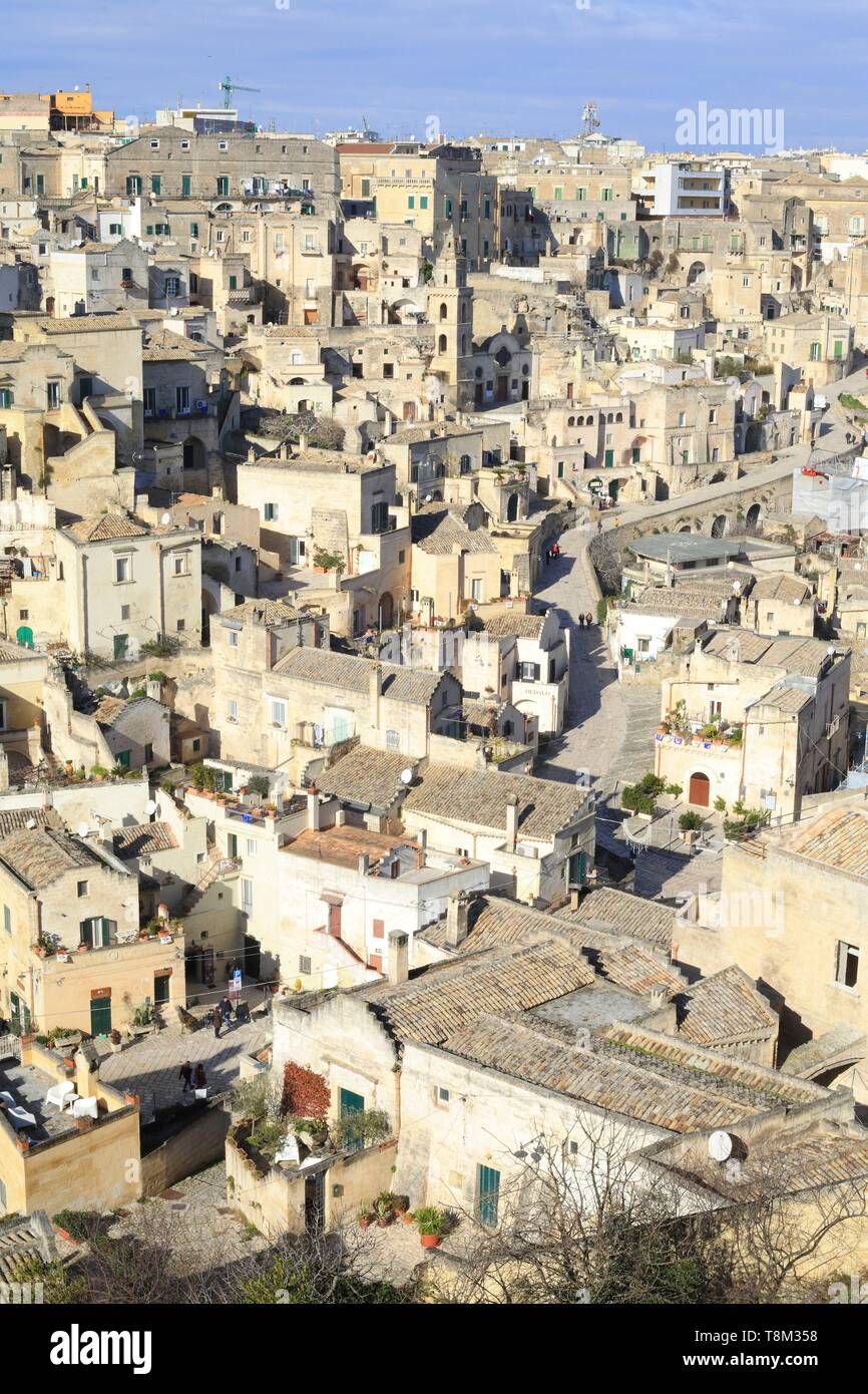 Italien, Basilicata, Potenza, höhlenwohnungen Altstadt als Weltkulturerbe von der UNESCO, der Europäischen Kulturhauptstadt 2019, Sassi di Matera, Sasso Barisano Stockfoto