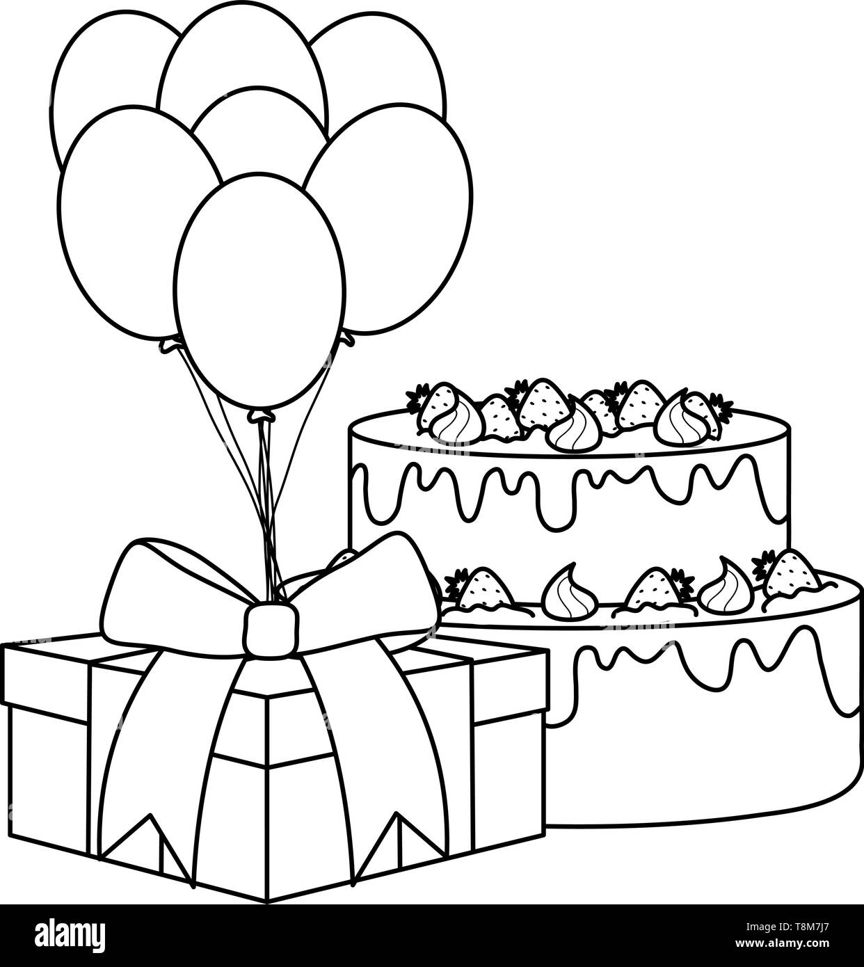 Geschenkbox mit süßen Kuchen und Luftballons Helium schwimmenden Vector Illustration Design Stock Vektor