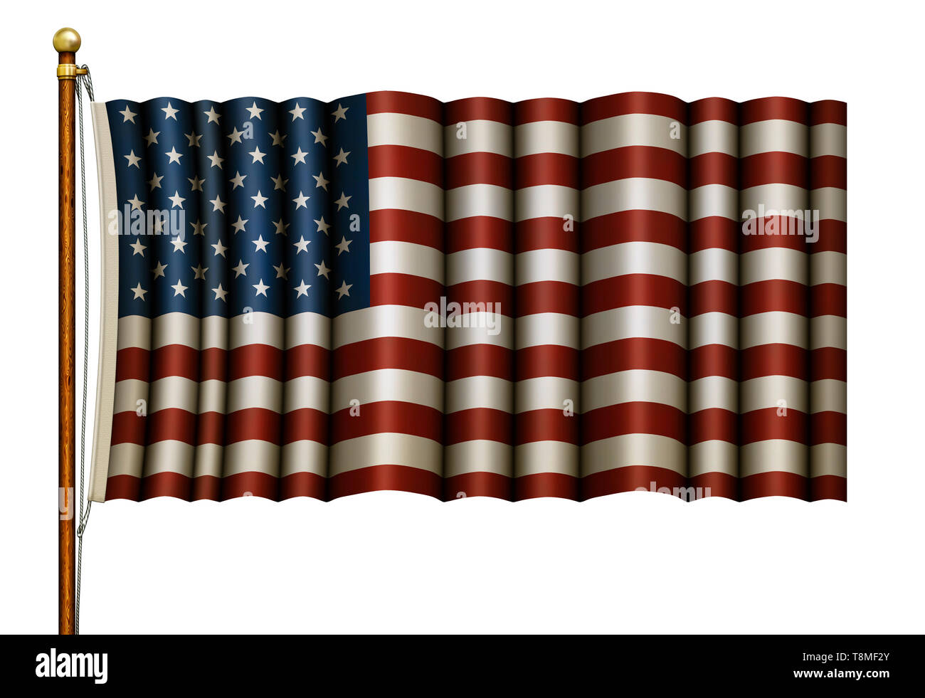 Digitale Illustration der Vereinigten Staaten auf eine Flagge Flag Pole. 3D-Darstellung Stockfoto