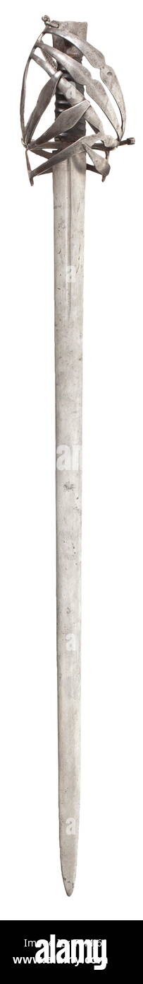 Eine venezianische Schiavona, circa 1600 zweischneidige Klinge, fullered an der Basis auf beiden Seiten. Typische Bügeleisen Skelett Warenkorb Griff mit original Leder Griff und Bügeleisen von Cat head Knauf. Gut erhaltene Schiavona, alle Teile original. Länge 100,5 cm. historischen, geschichtlichen, Schwert, Schwerter, Waffen, Waffen, Waffen, arm, Kampf gerät, Militär, Militaria, Objekt, Objekte, Stills, Clipping, Clippings, Ausschneiden, Ausschneiden, Ausschnitten, Nahkampfwaffe, Nahkampfwaffen, Metall, 17. Jahrhundert, Additional-Rights - Clearance-Info - Not-Available Stockfoto
