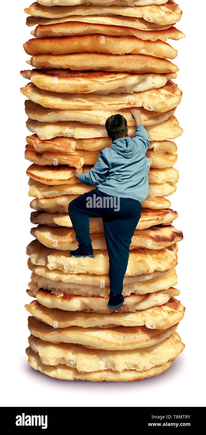Adipositas und Hunger als eine ungesunde Ernährung als fette Person klettern eine hohe der Pfannkuchen als Composite stack. Stockfoto