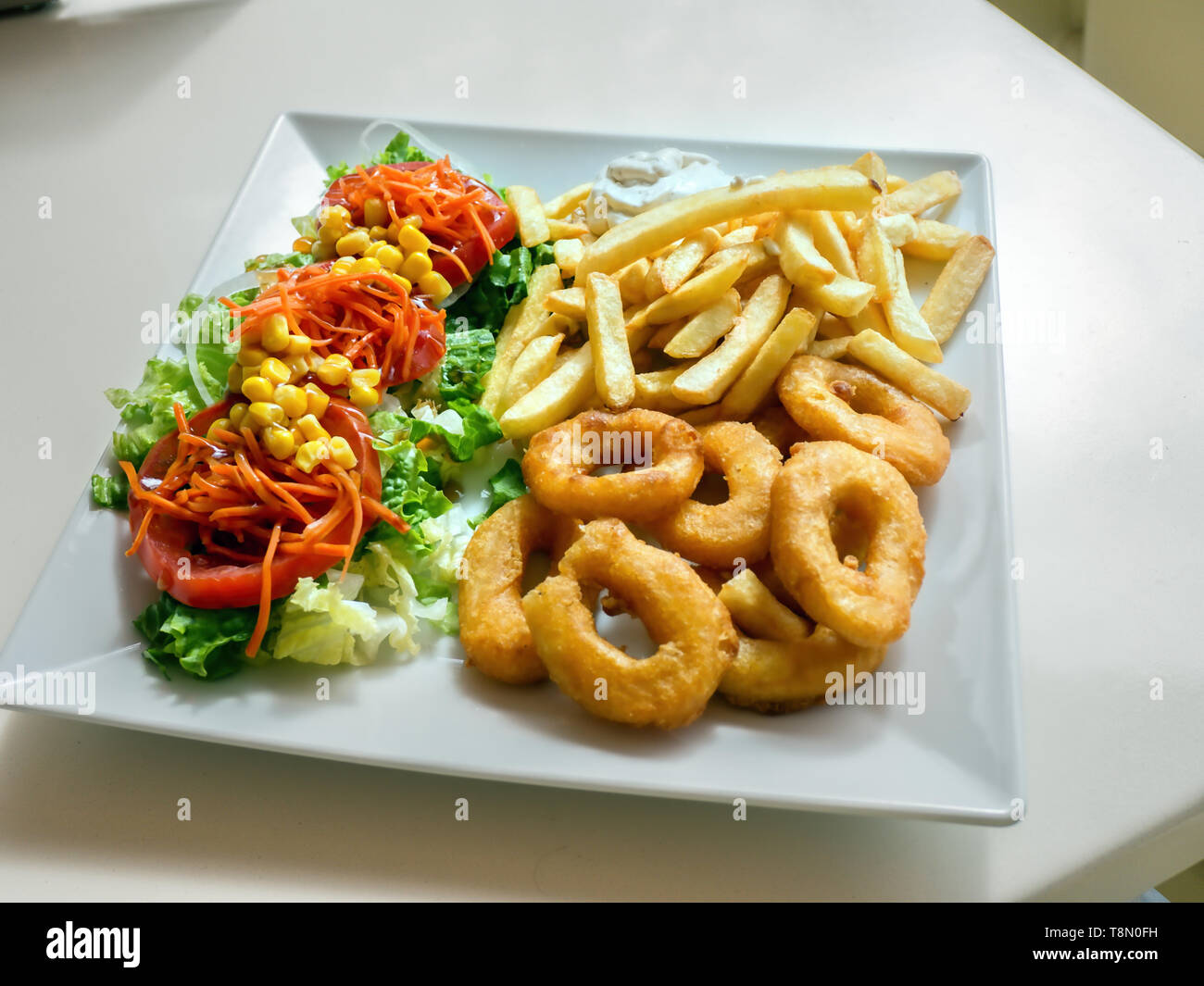 Fertiggerichte auf einem weissen Teller, Pommes frites, Salat und frittierte Tintenfischringe Stockfoto
