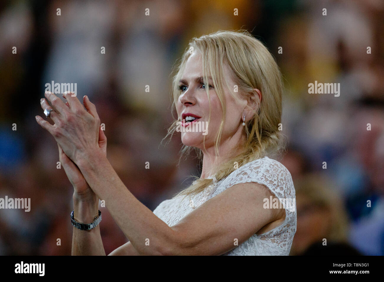 Nicole Kidman und Ehemann Keith Urban gerade ein Match auf dem Center Court am Australian Open 2019. Stockfoto