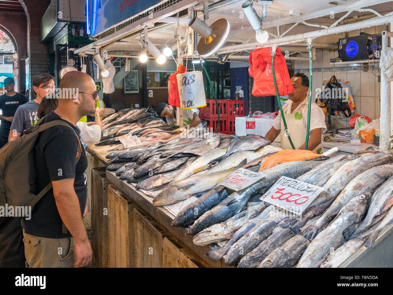Fisch Stall in der Zentralen Markt (Mercado Central), Santiago Centro, Santiago, Chile, Südamerika Stockfoto