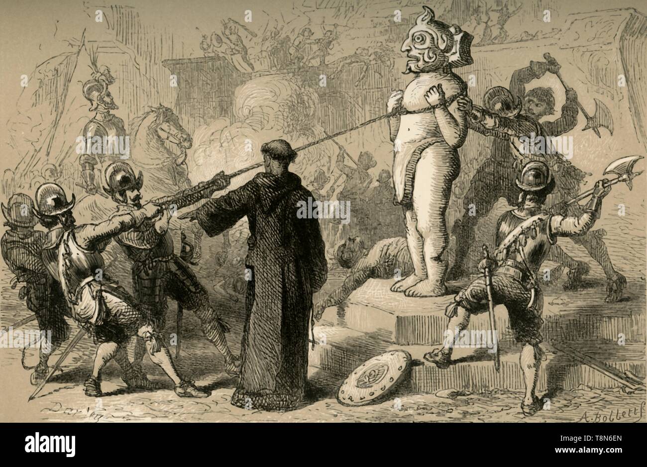 Die Zerstörung der mexikanischen Götzen paniards', (1877). Schöpfer: Albert Bobbett. Stockfoto