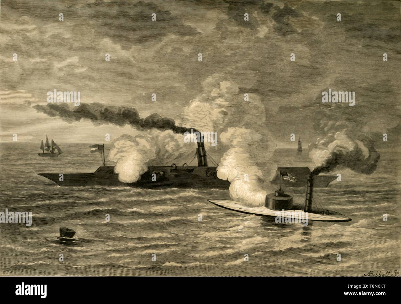 "Angriff des 'Monitor' auf der 'Merrimack'', (1878). Schöpfer: Albert Bobbett. Stockfoto