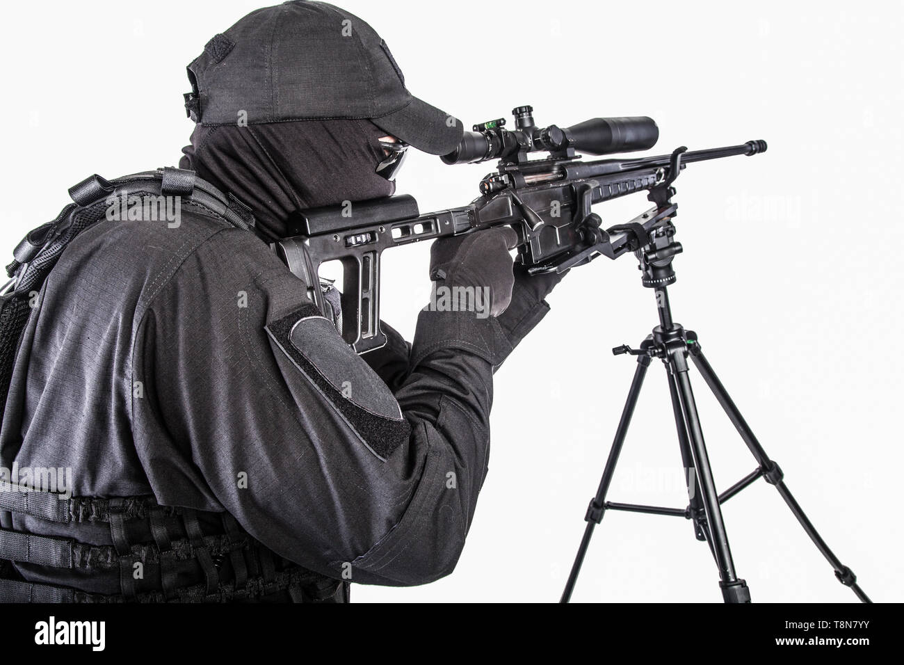 Polizei SWAT Sniper mit Gewehr studio Shoot Stockfoto