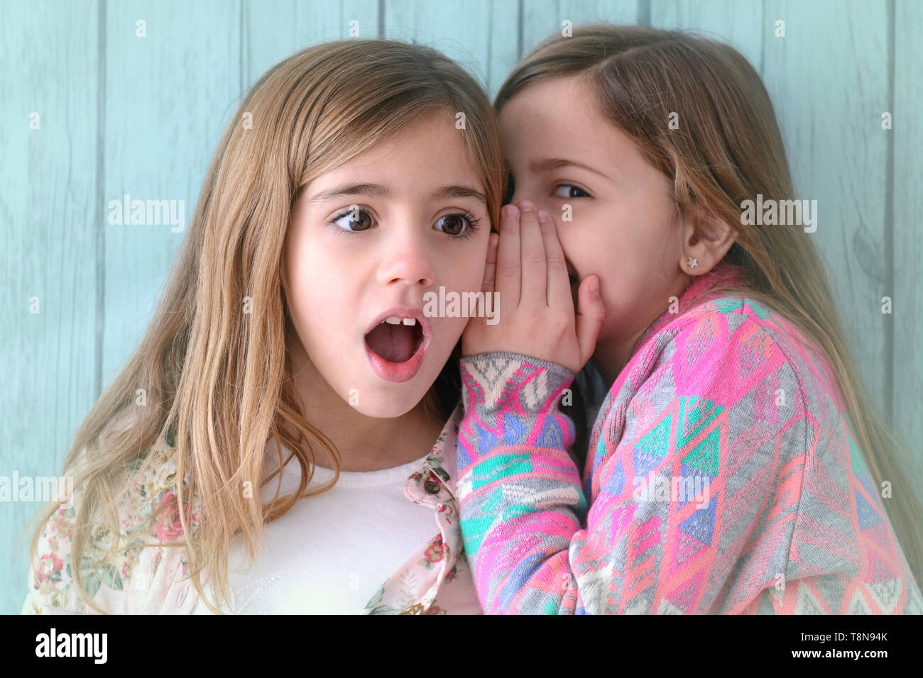 Studio Portrait von zwei Mädchen erzählt ein Geheimnis. Beste Freunde Stockfoto