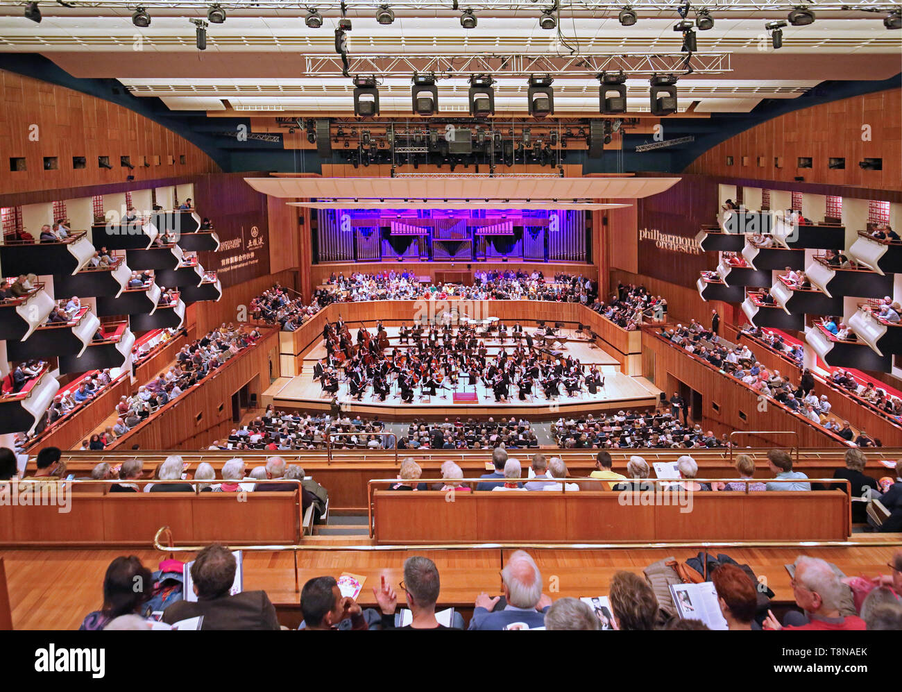 Innenraum der Royal Festival Hall auf der Londoner South Bank. 1951 eröffnet, 2007 renoviert. Orchester auf der Bühne, das Publikum sitzt. Stockfoto