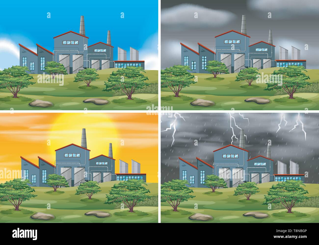 Werkseitig Szenen in verschiedenen Wetter Abbildung Stock Vektor