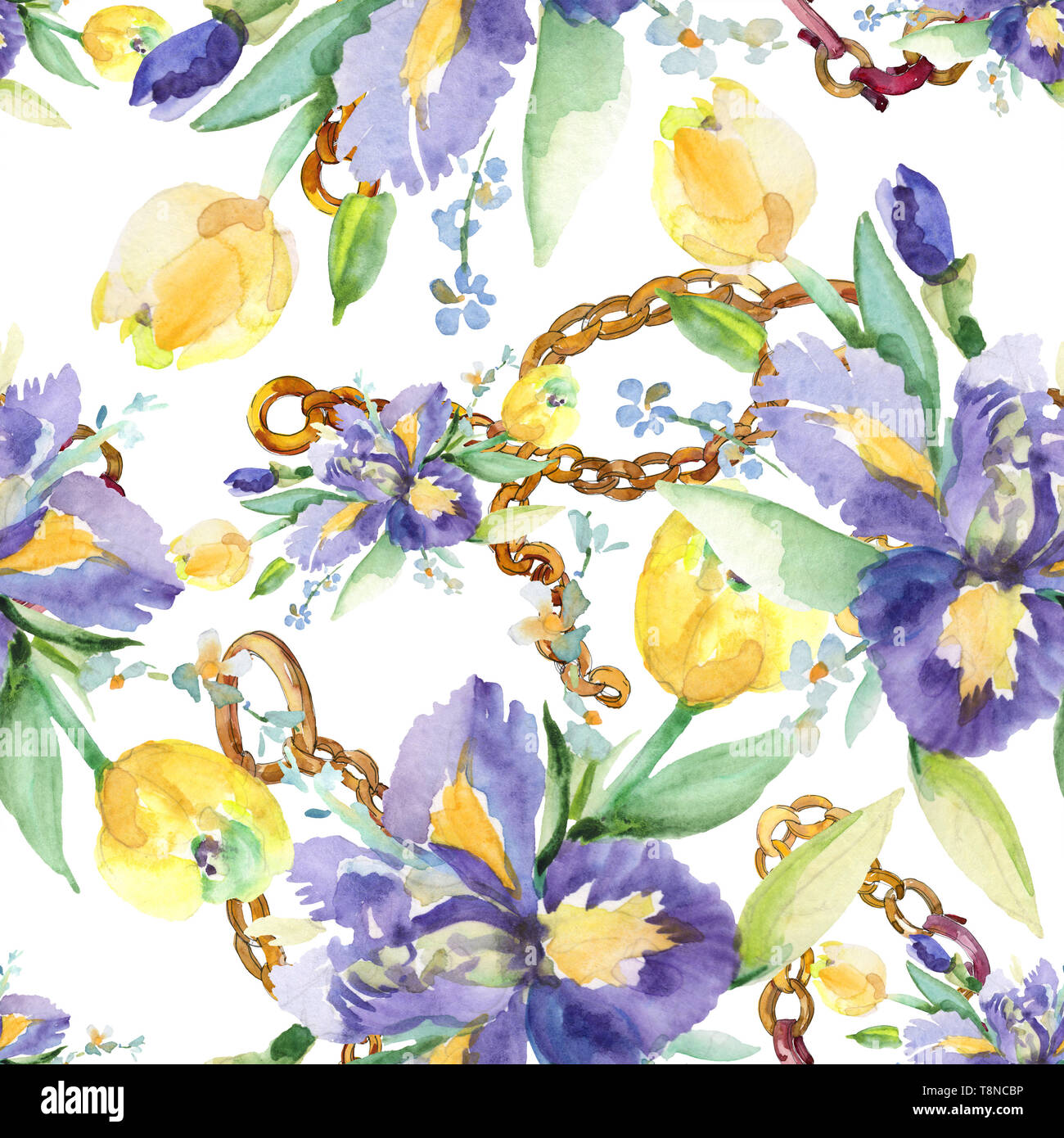 Blumenstrauß mit Iris Blumen botanischen Blumen. Aquarell Hintergrund Abbildung. Nahtlose Muster. Stockfoto