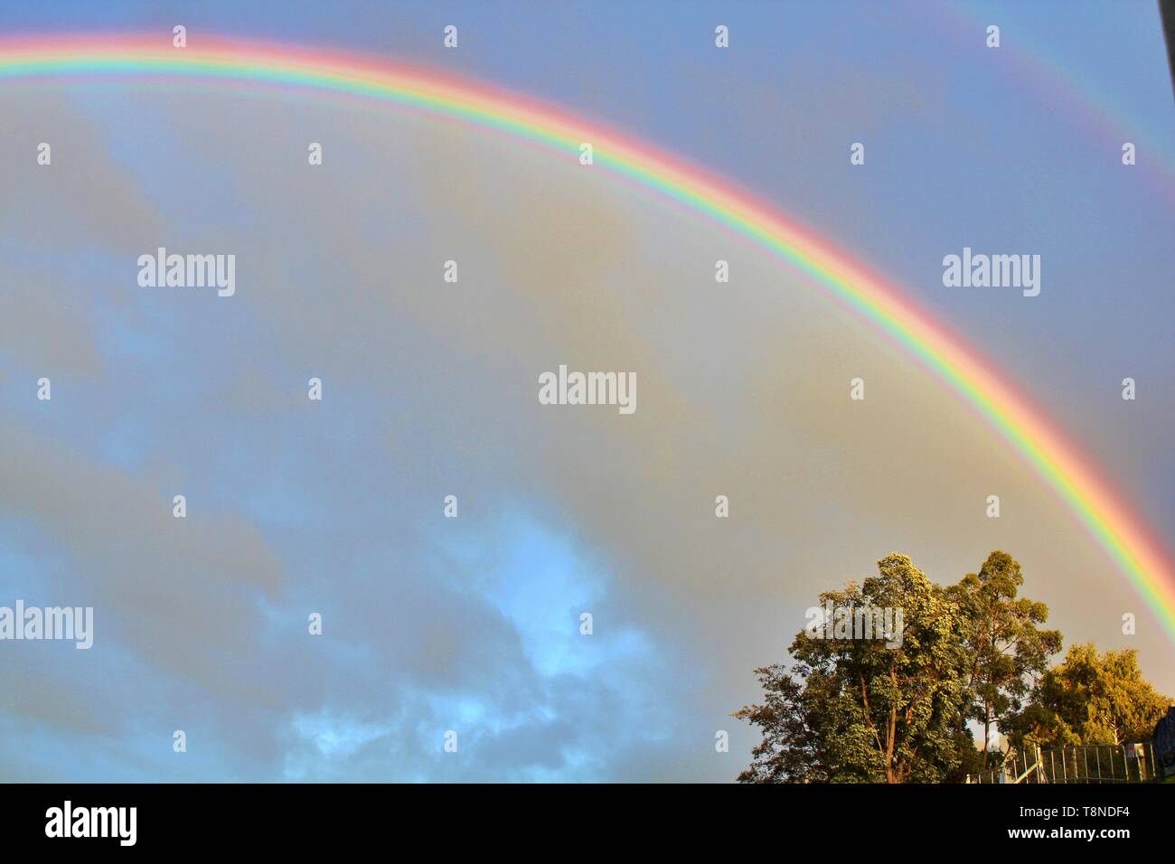 Helle, schöne echten doppelten Regenbogen in bewölkten Himmel, Queenstown, Neuseeland Stockfoto