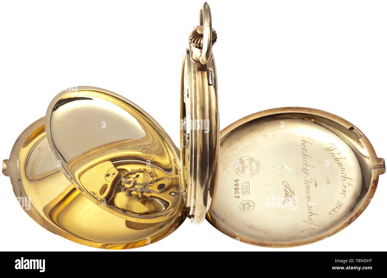 Adolf Hitler - eine Präsentation Taschenuhr Reichsführer-SS Heinrich Himmler, Weihnachten 1935 - von Lange & Söhne/Glashütte I/SA. Gold hunter Fall Taschenuhr. Mehrere Marken, Feinheit "0,585", Krone und der Firmenname "Glashütte A. Lange & Söhn des 20. Jahrhunderts, Editorial-Use - Nur Stockfoto