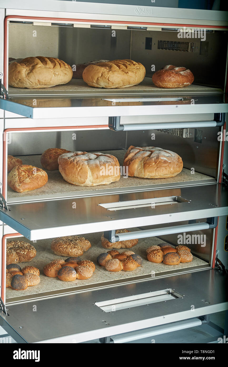 Industrielle elektrischer Ofen für die Verpflegung mit Essen. Frisch gebackene Backwaren Stockfoto