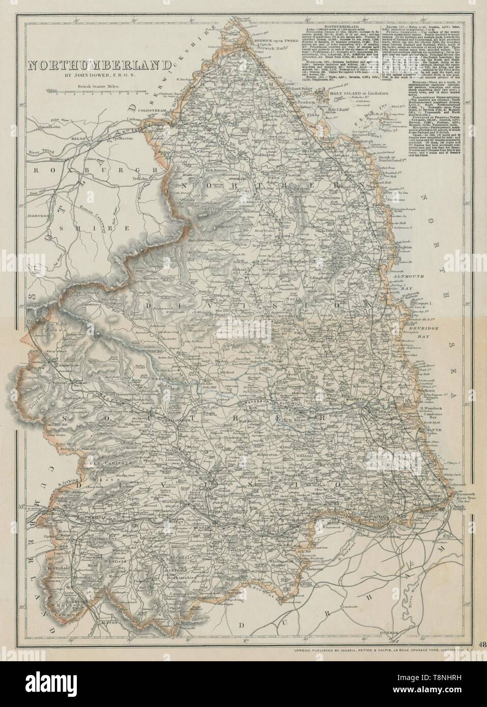 NORTHUMBERLAND county map. Eisenbahn Farne Islands Cheviot Hills. DOWER 1863 Stockfoto