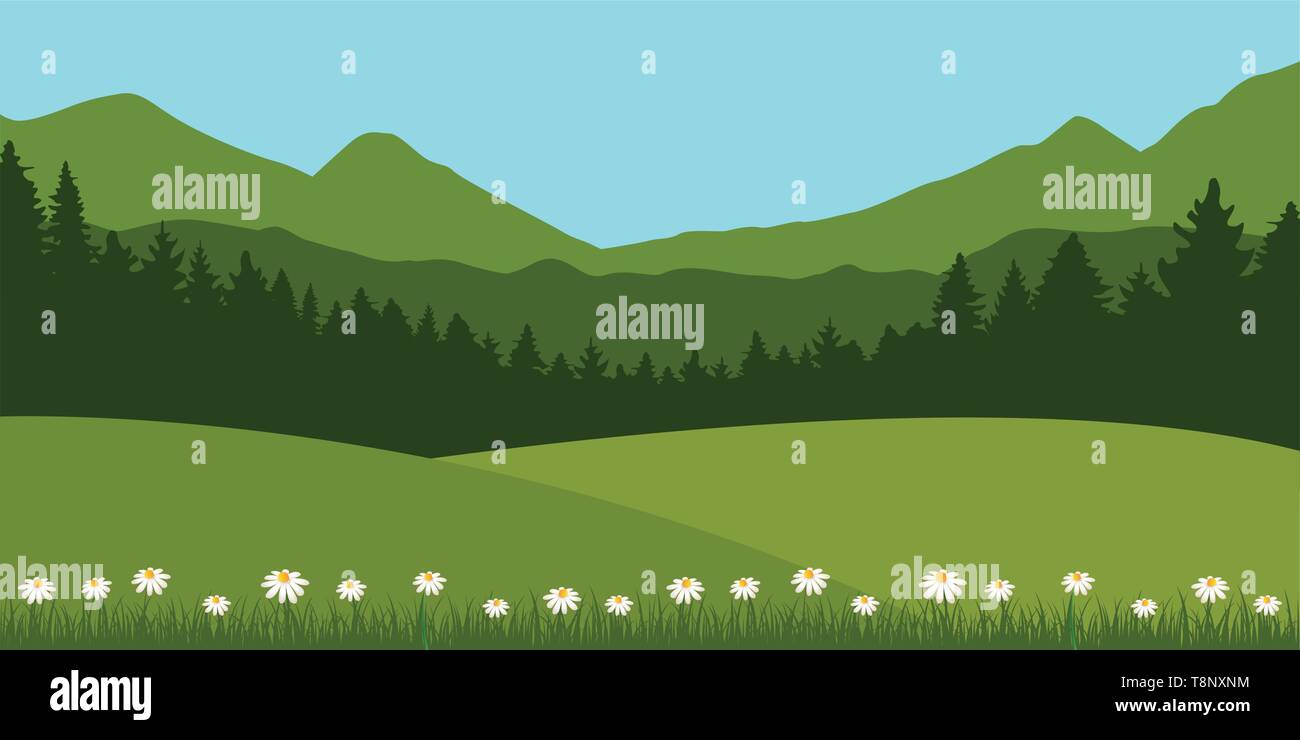 Grüner sommer wiese landschaft mit Daisy Blumen und Bergblick Vektor-illustration EPS 10. Stock Vektor