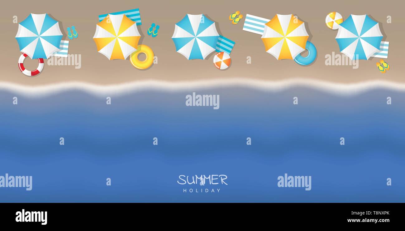 Sommerurlaub auf touristische Strand mit Sonnenschirm schwimmen Ring und flip flop Vektor-illustration EPS 10. Stock Vektor