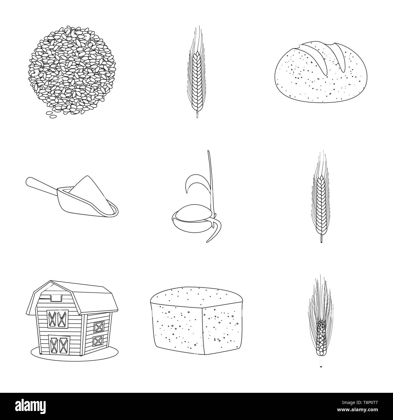 Brot, Mehl, Saatgut, Getreidespeicher, Gerste, Samen, Winter, Mahlzeit, Wachsen, Gebäude, Müsli, Hartweizen, Frühstück, Hafer, Stadien, Eco, gesund, Spike, Zuschneiden, bun, sprießen, Kohlenhydrat, Maisfeld, Keimung, Schuppen, Laib, golden, Stroh, Landwirtschaft, Landwirtschaft, Roggen, Weizen, Mais, Getreide, Ernte, Bauernhof, Feld, Set, Vector, Icon, Illustration, isoliert, Sammlung, Design, Element, Grafik, Zeichen, Outline, Linie Vektor Vektoren, Stock Vektor