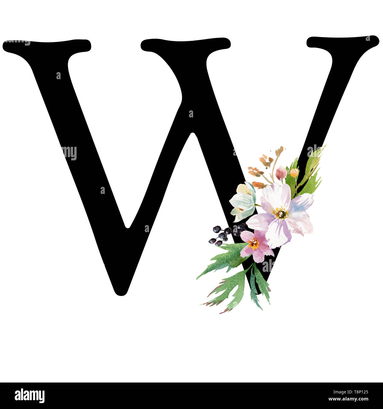 Romantische schwarze Buchstaben A mit gezogenen Aquarell Blumen. Elegante Emblem für Buchgestaltung, Markenname, Einladung Hochzeit dank Karte Stockfoto