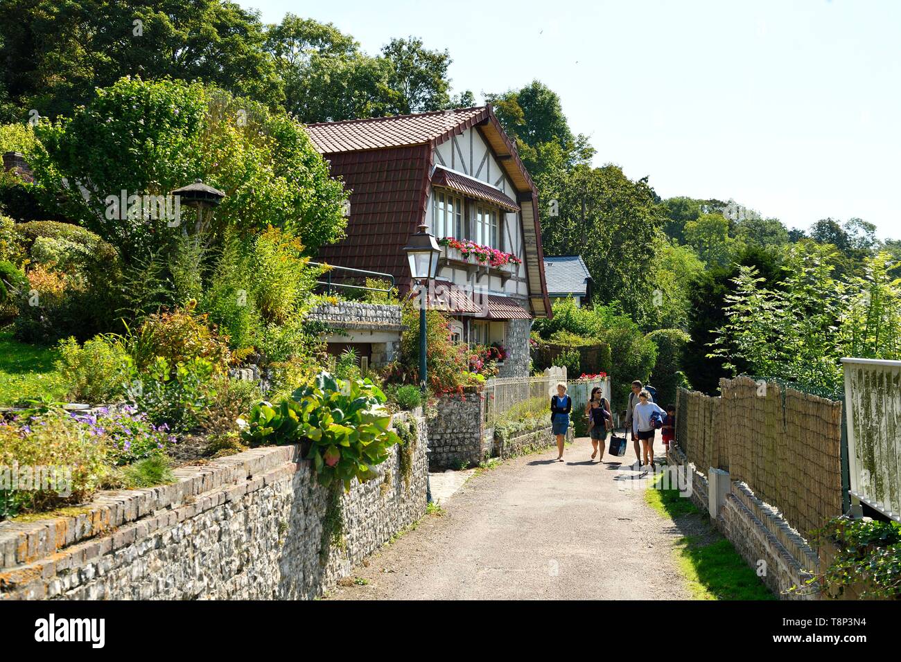 Frankreich, Seine Maritime, Pays de Caux, Cote d'Albatre (Alabaster Küste), Veules les Roses, die Schönsten Dörfer von Frankreich, der Ortschaft Veules les Roses wird durch die Veules, berühmten Fluss für die kurze Länge seines Kurses (1100 m) Stockfoto