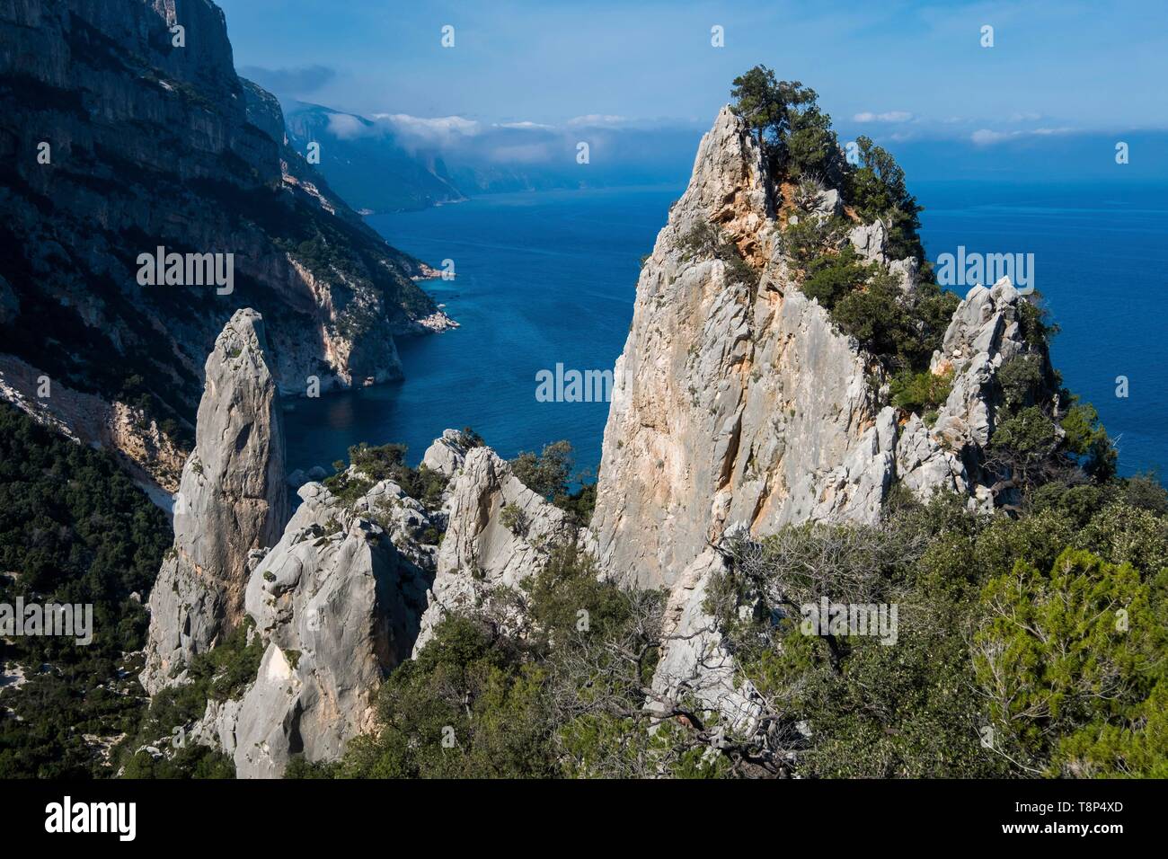 Italien, Sardinien, Baunei, Orosei Golf, trek Richtung Cala Goloridze, Goloridze Monolith Stockfoto