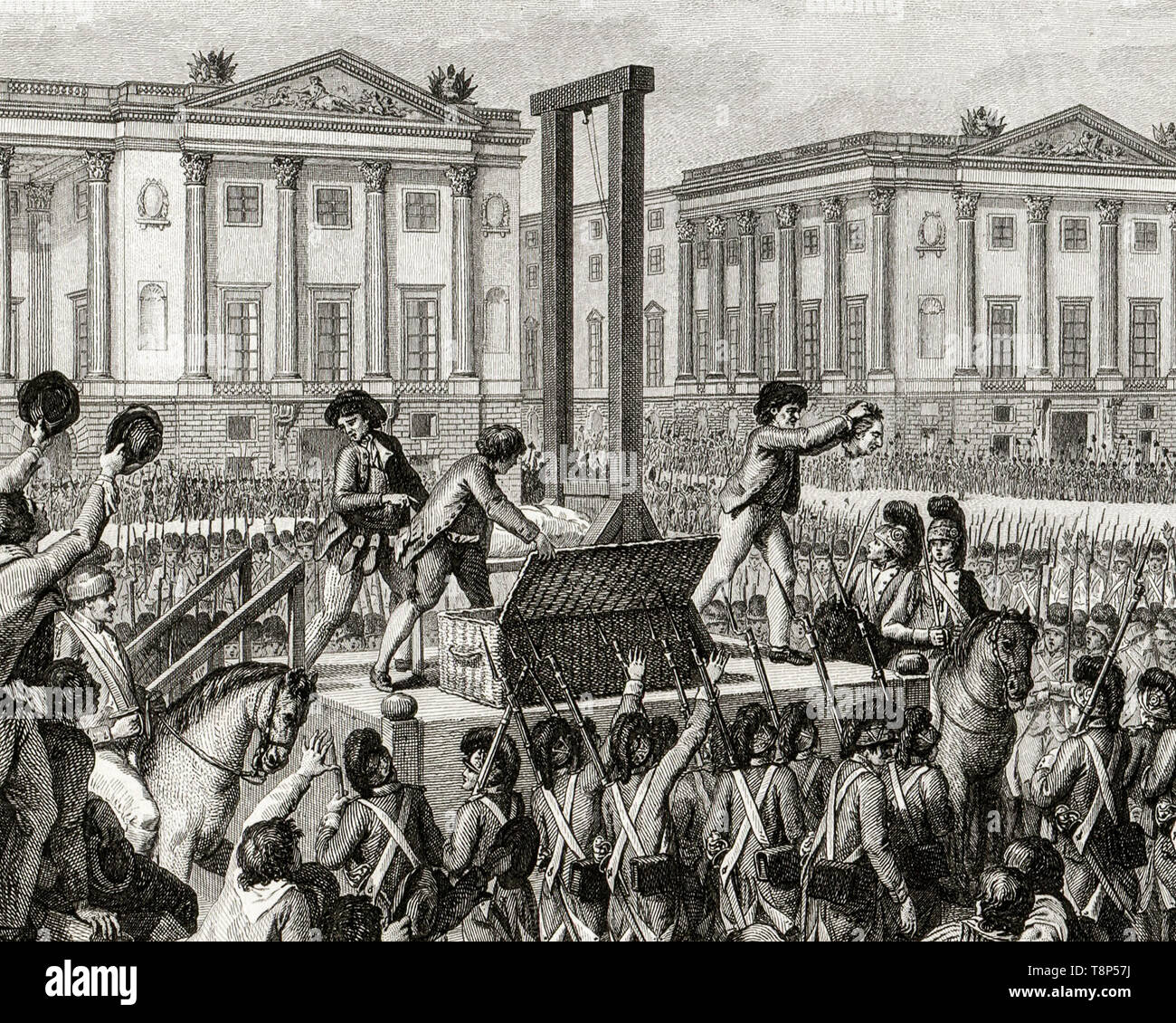 Französische Revolution. Hinrichtung von Ludwig XVI 21. Januar 1793 der Tod von Louis Capet (Louis XVI) auf dem Place de la Revolution, Paris, Gravur 1794 Stockfoto