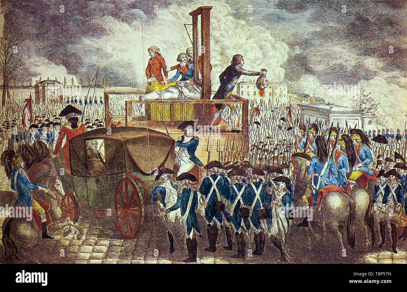 Französische Revolution. Der Tod von Louis XVI. Ausführung von Ludwig XVI. auf der Guillotine, Kupferstich von Georg Heinrich Sieveking, 1793 Stockfoto