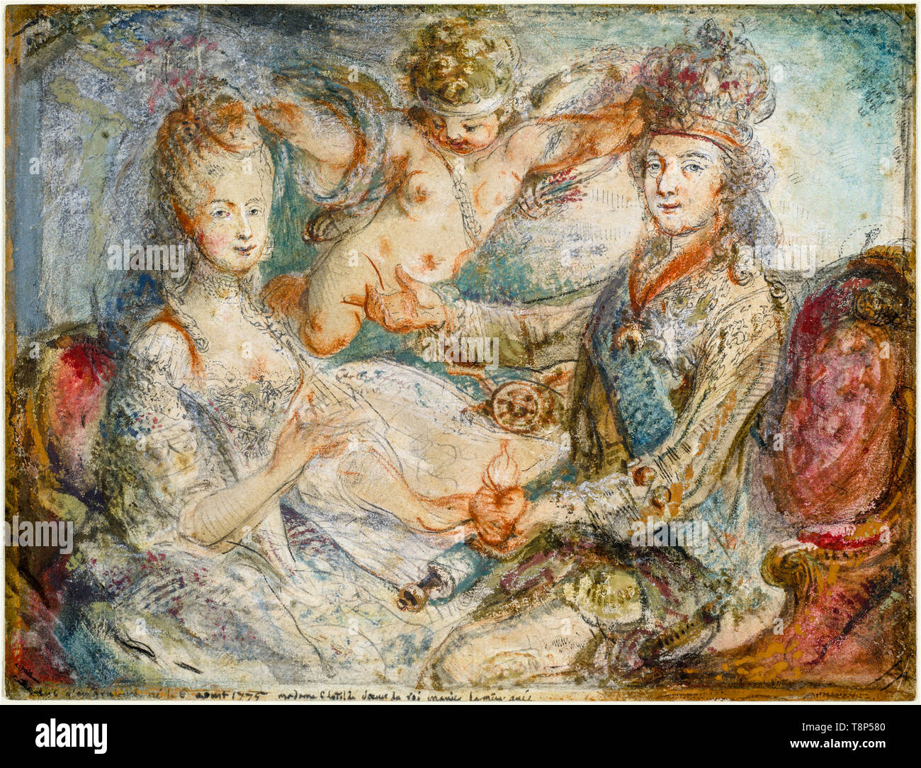 Ludwig XVI. und Marie-Antoinette durch Liebe, Zeichnung und Malerei von Gabriel Jacques de Saint-Aubin 1775 gekrönt. Stockfoto