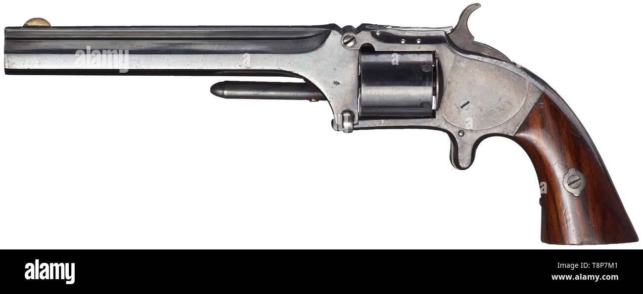 Eine Smith & Wesson Mod. Nr. 2, das alte Modell Revolver (Belgien Replik) Kal. .32 RF, nein. 5. 6'-Fass mit Einzeilige Beschriftung, Spiegel-wie. 6-shot Zylinder mit Patent Daten. "ELG"-Markierung und Krone/'V' als Bevorratung Mark für Waffen, die bereits am 1. Januar 1891, als das deutsche Nachweis Gesetze in Kraft getreten zur Verfügung standen. Sehr gute Grip Panels mit original Lack. Original Blaufärbung in Teilen und mit kleineren Flecken, vor allem auf der linken Seite der Verriegelungsplatte rieb. Einige kleinere Aufdrucke auf der Unterseite des Rahmens und einige kleinere Kratzer auf der rechten Seite, Additional-Rights - Clearance-Info - Not-Available Stockfoto