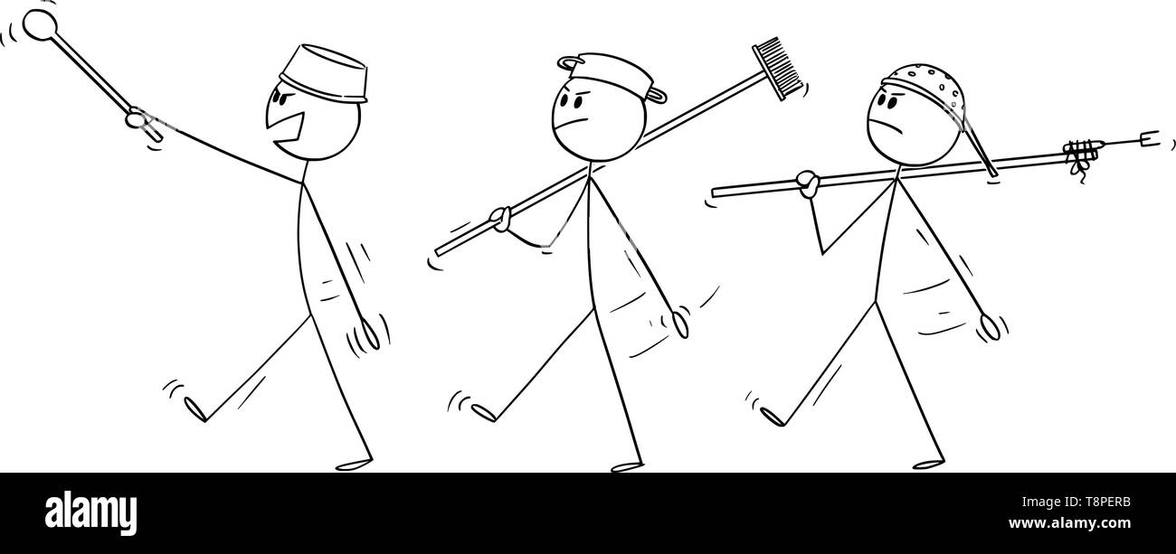 Vektor cartoon Strichmännchen Zeichnen konzeptionelle Darstellung der drei erwachsene Männer spielen bei Soldaten und marschieren. Konzept des Krieges. Stock Vektor