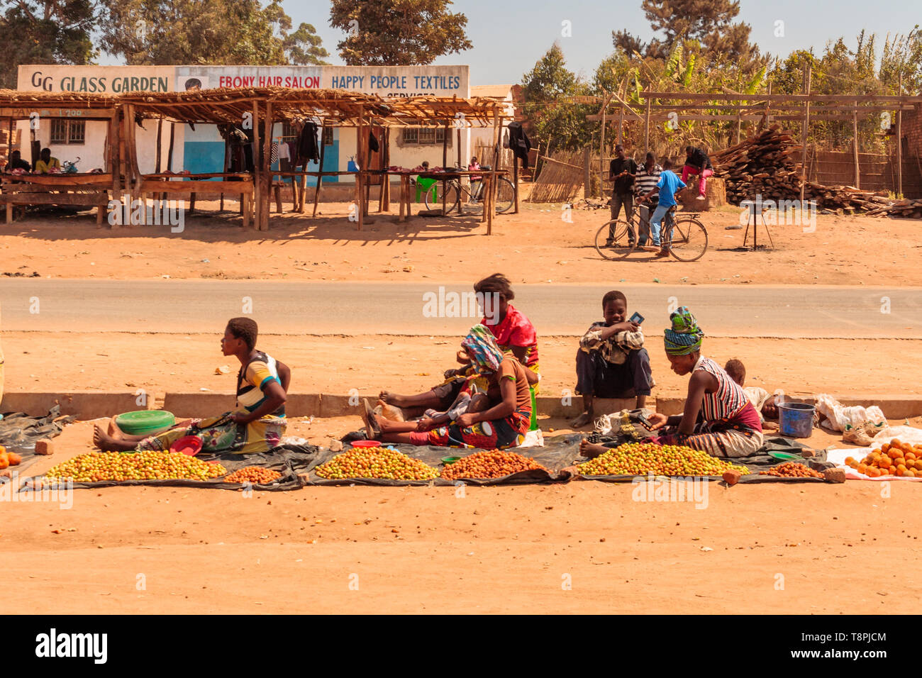 Malawische Frauen und Mädchen sitzen Verkauf von Tomaten und Obst an der Seite einer tar-Straße in Dedza Malawi Stockfoto