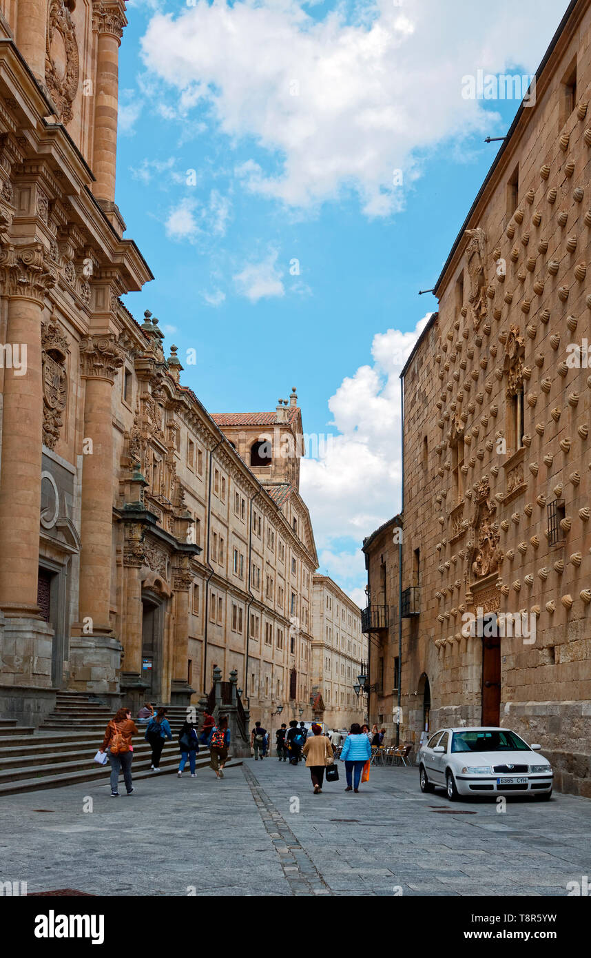 Stadt Szene; Casa de las Conchas, Haus der Muscheln, La Clerecia, schmale Straße zwischen, alte Gebäude; Menschen, UNESCO-Welterbe; Europa; Salamanca; Spanien; s Stockfoto