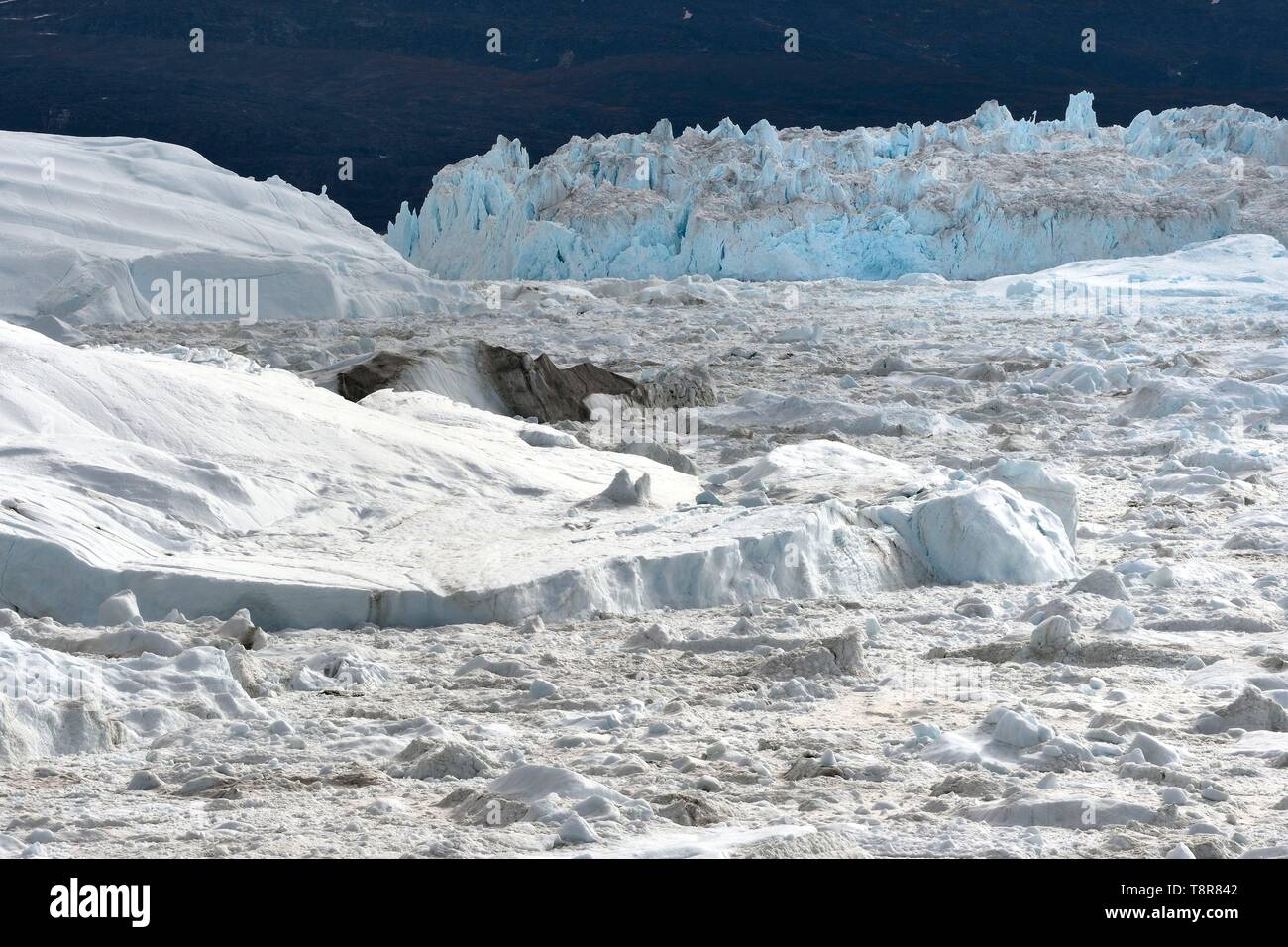 Grönland, Westküste, Diskobucht, Ilulissat Icefjord UNESCO Weltkulturerbe, ist die Mündung des Sermeq Kujalleq Jakobshavn Gletscher (Gletscher) Stockfoto