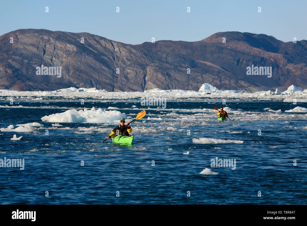 Grönland, Westküste, Diskobucht, quervain Bay, Kajaks unter voran Eisberge Stockfoto