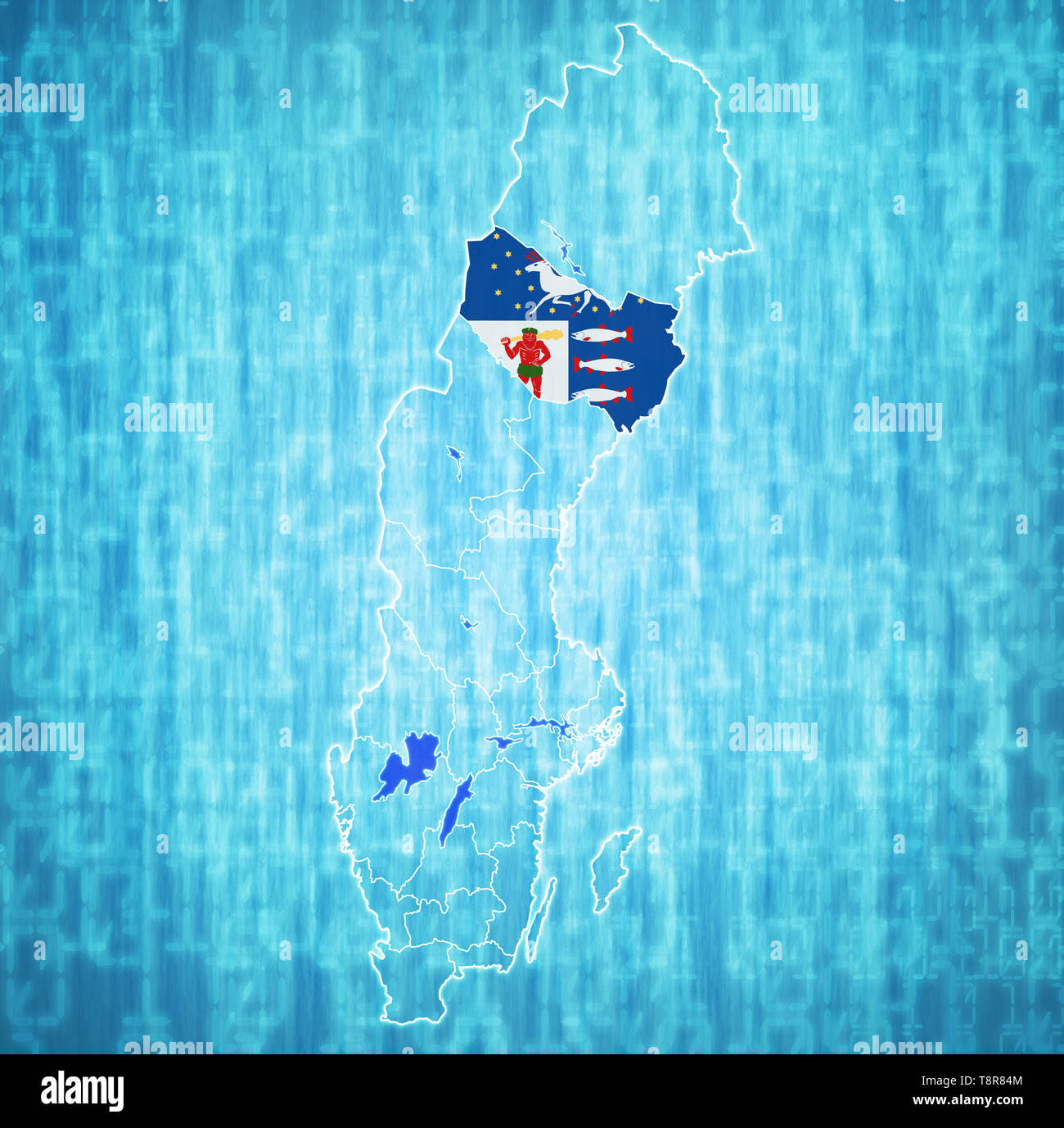 Flagge von Vasterbotten County auf der Karte von administrativen Abteilungen der Schweden mit Freistellungspfad Stockfoto