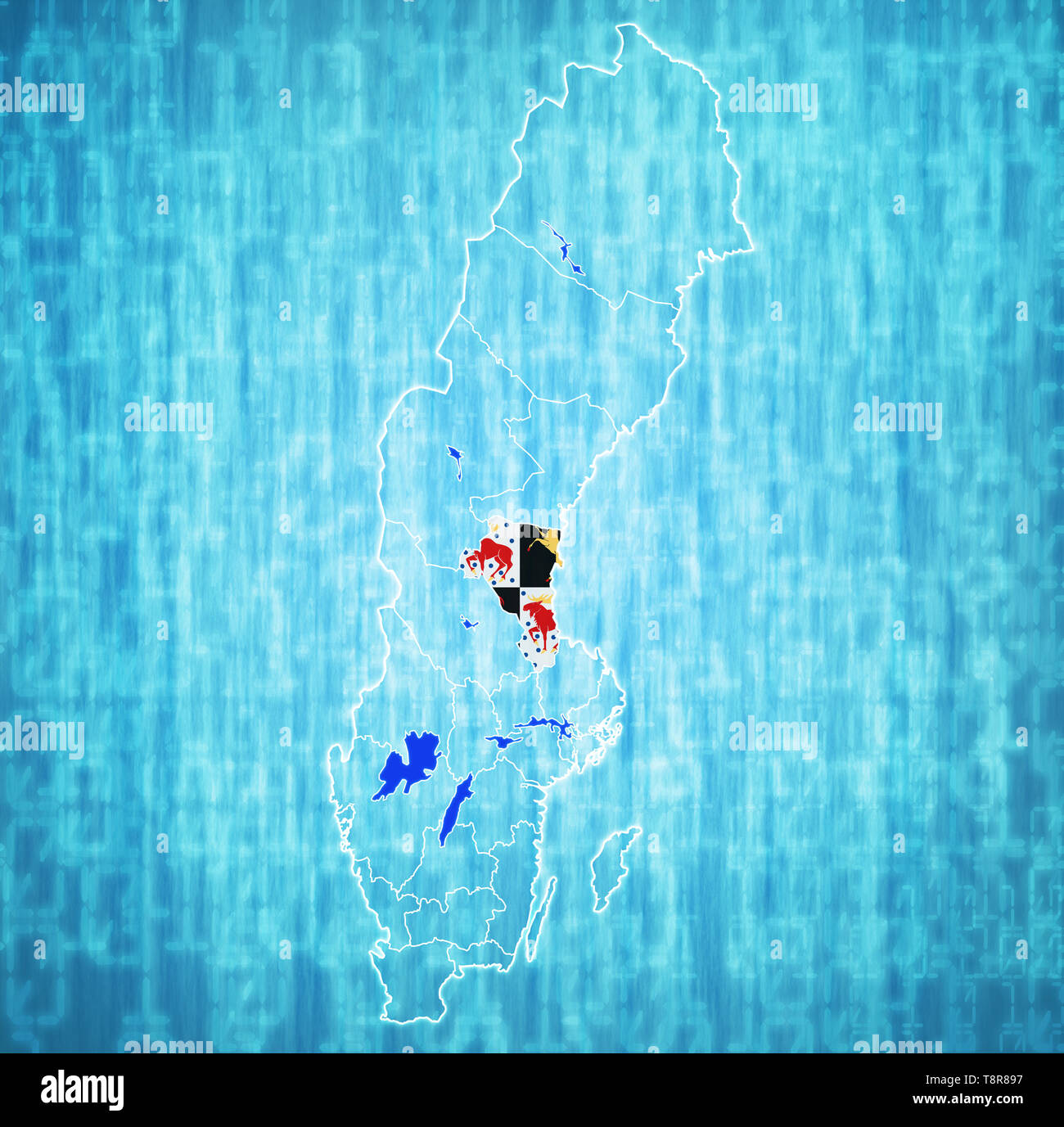 Flagge von Gavleborg County auf der Karte von administrativen Abteilungen der Schweden mit Freistellungspfad Stockfoto