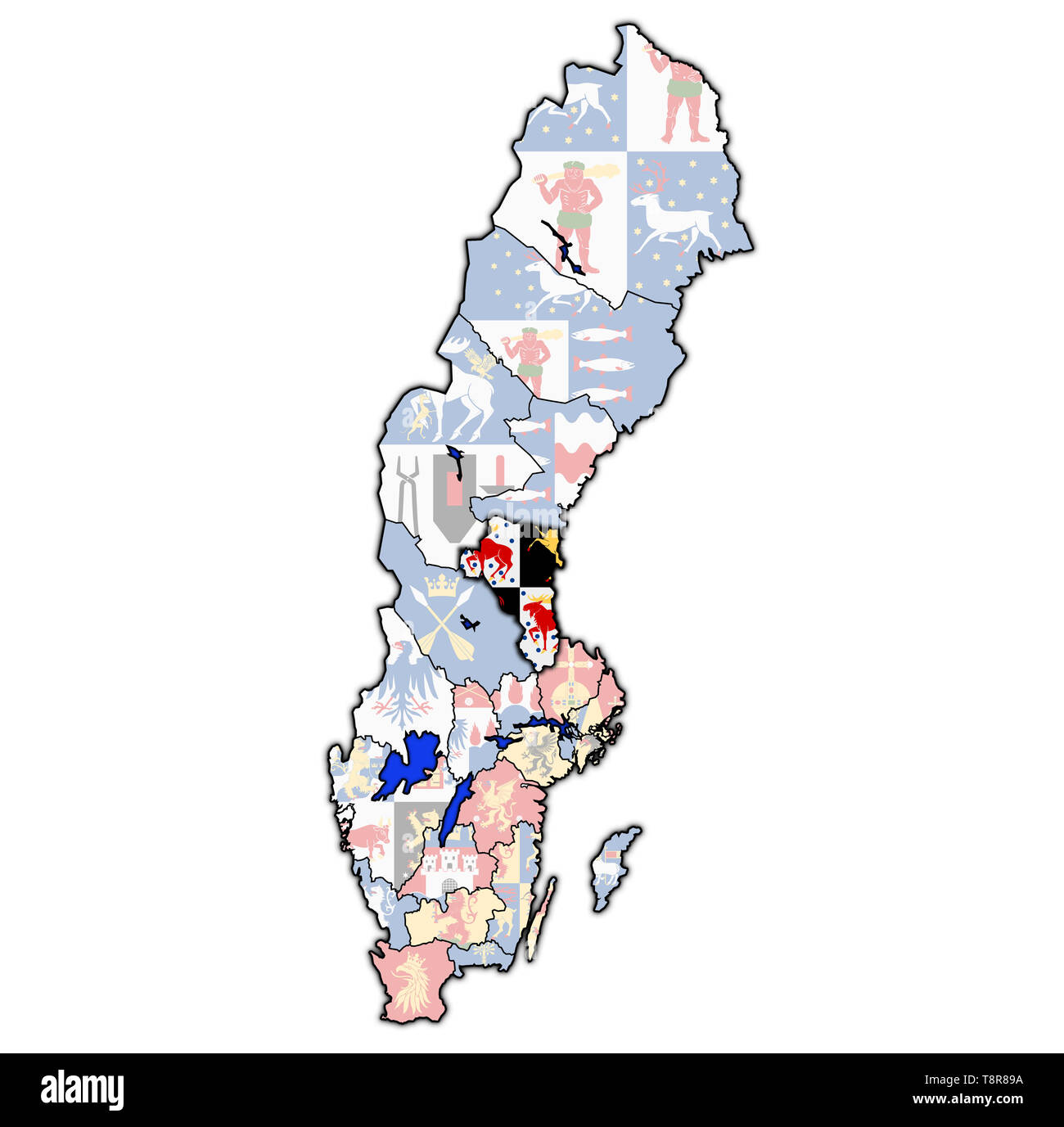 Flagge von Gavleborg County auf der Karte von administrativen Abteilungen der Schweden mit Freistellungspfad Stockfoto