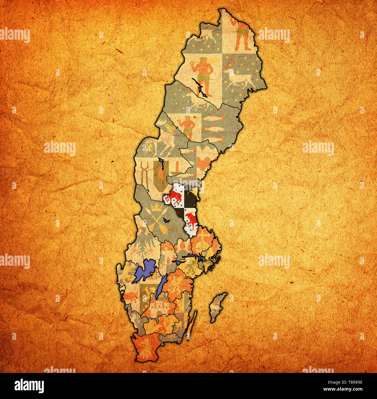 Flagge von Gavleborg County auf der Karte von administrativen Abteilungen der Schweden mit Freistellungspfad Stockfoto