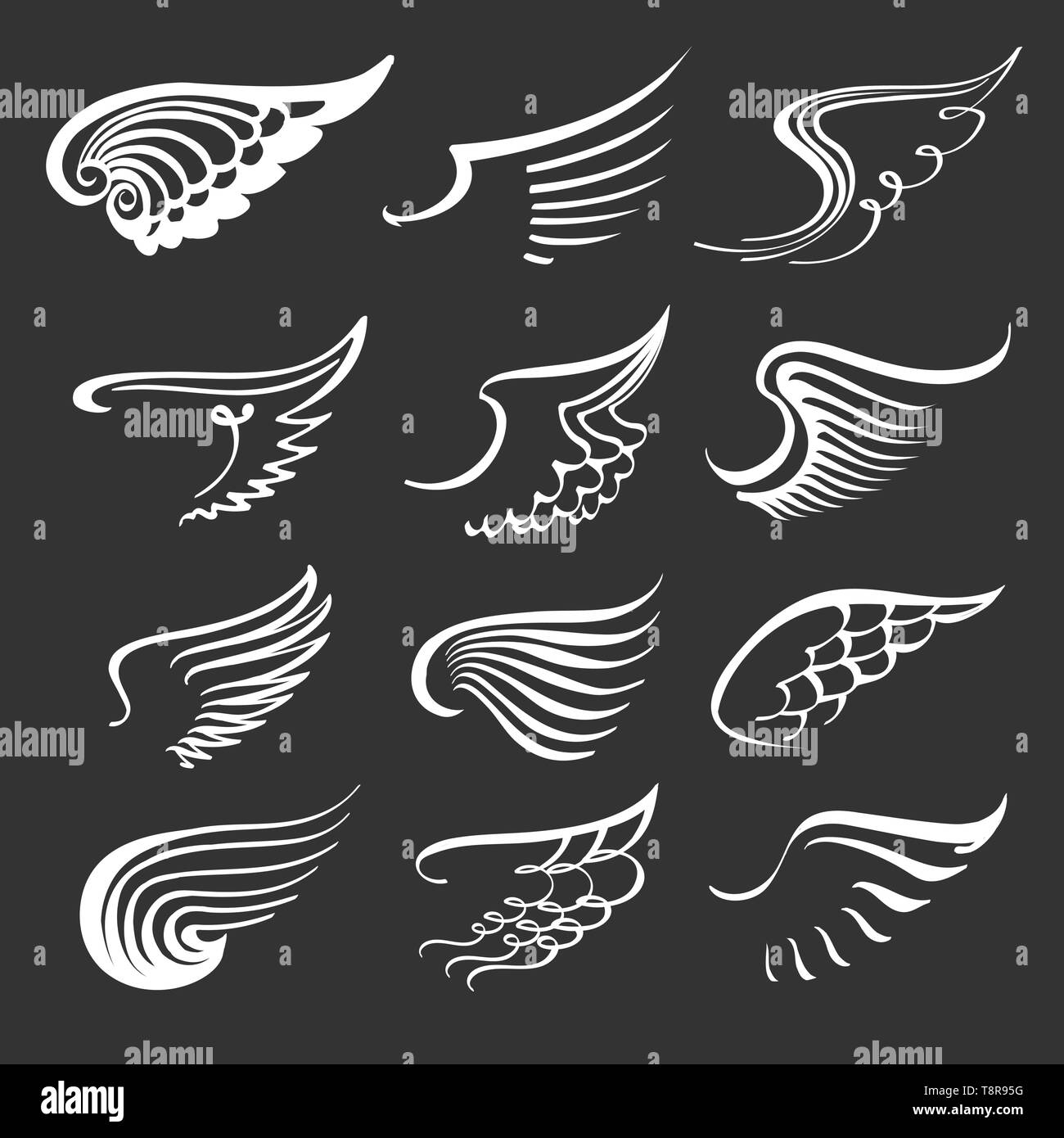 Doodle Angel Wings gesetzt. Kontur Flügel Symbole. Engel und Vogel Symbole. Vektor Kontur Abbildung. Stock Vektor